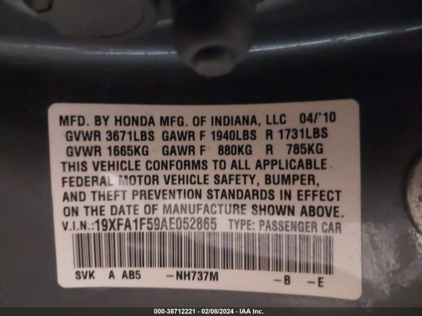 2010 Honda Civic Lx VIN: 19XFA1F59AE052865 Lot: 38712221