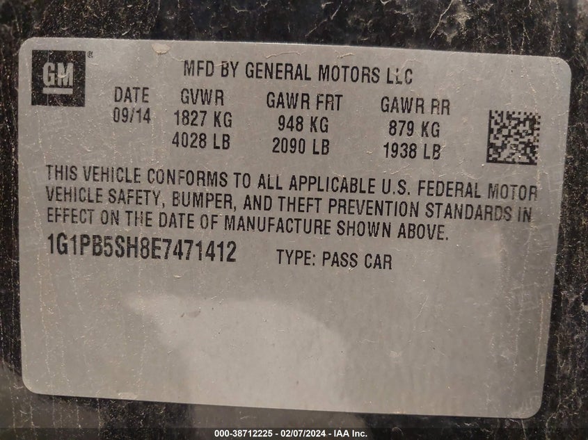 2014 CHEVROLET CRUZE LS MANUAL VIN: 1G1PB5SH8E7471412