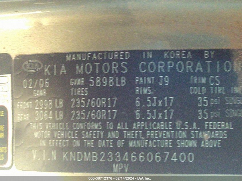 KNDMB233466067400 2006 Kia Sedona Ex/Lx