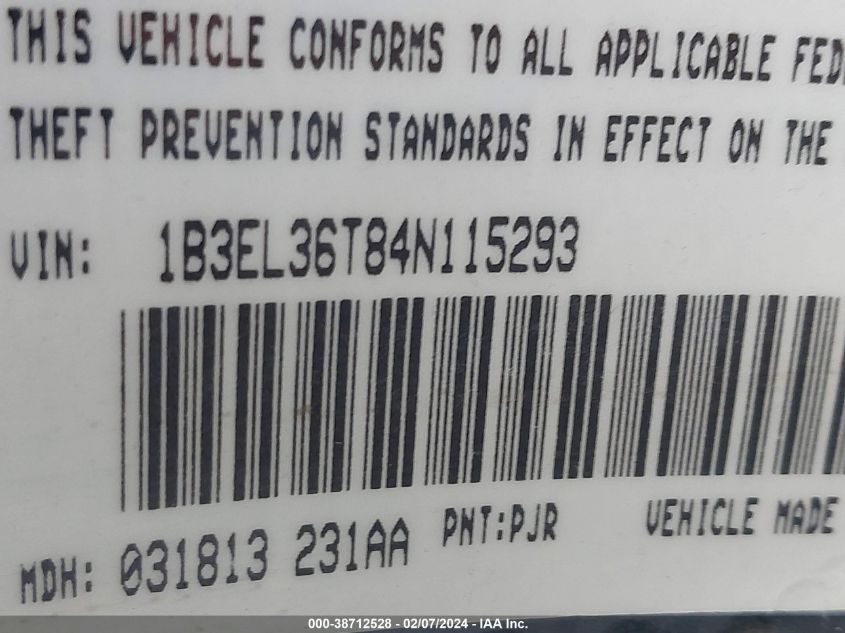 2004 Dodge Stratus Se VIN: 1B3EL36T84N115293 Lot: 38712528