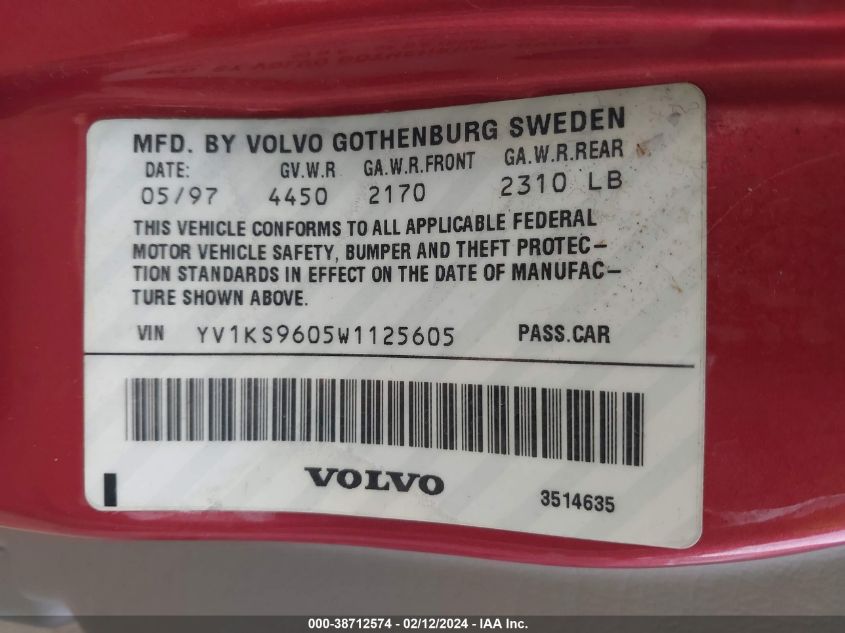 1998 Volvo S90 VIN: YV1KS9605W1125605 Lot: 38712574