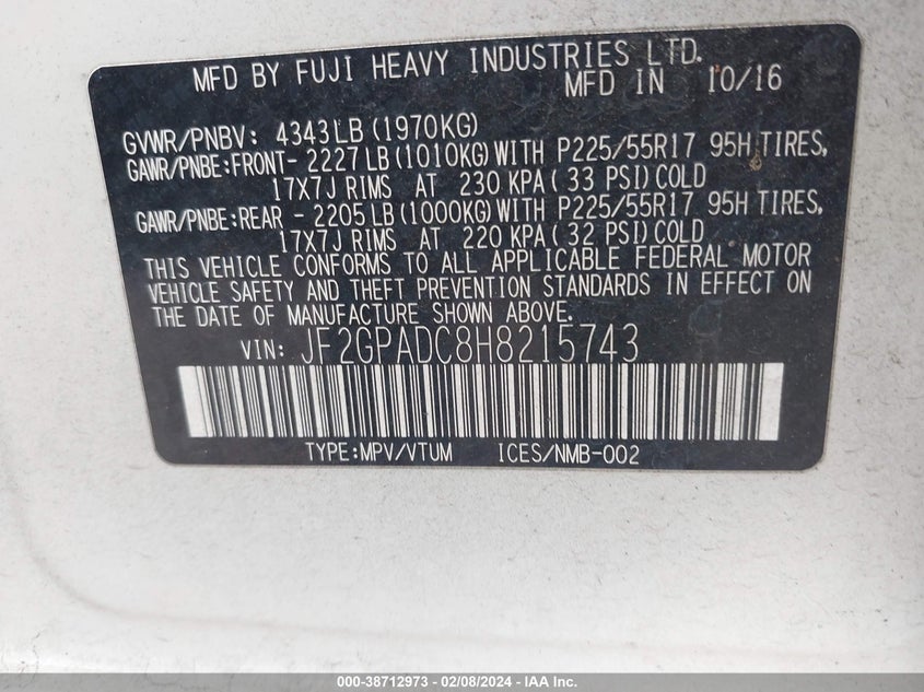 VIN JF2GPADC8H8215743 2017 SUBARU CROSSTREK PREMIUM
