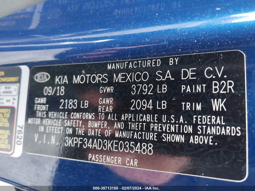 2019 KIA FORTE VIN: 3KPF34AD3KE035488