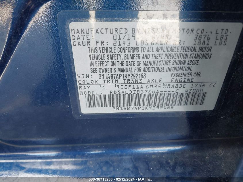 3N1AB7AP1KY292188 2019 Nissan Sentra Sv