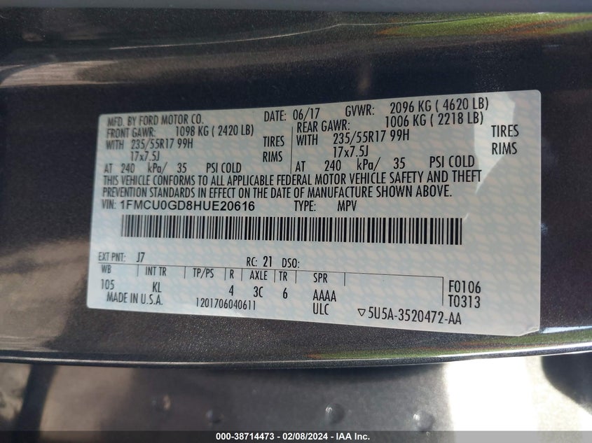 VIN 1FMCU0GD8HUE20616 2017 FORD ESCAPE SE