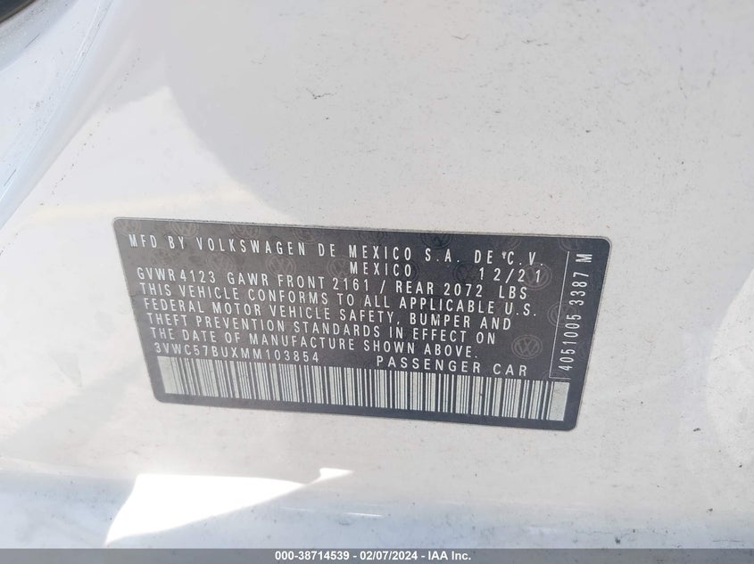 VIN 3VWC57BUXMM103854 2021 VOLKSWAGEN JETTA 1.4T R-LINE/1.4T S/1.4T SE