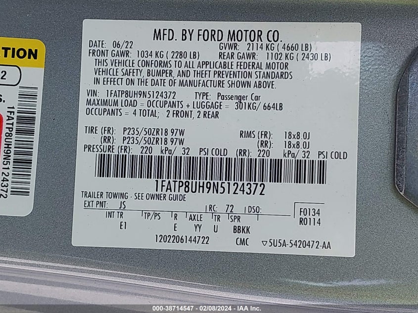 VIN 1FATP8UH9N5124372 2022 FORD MUSTANG