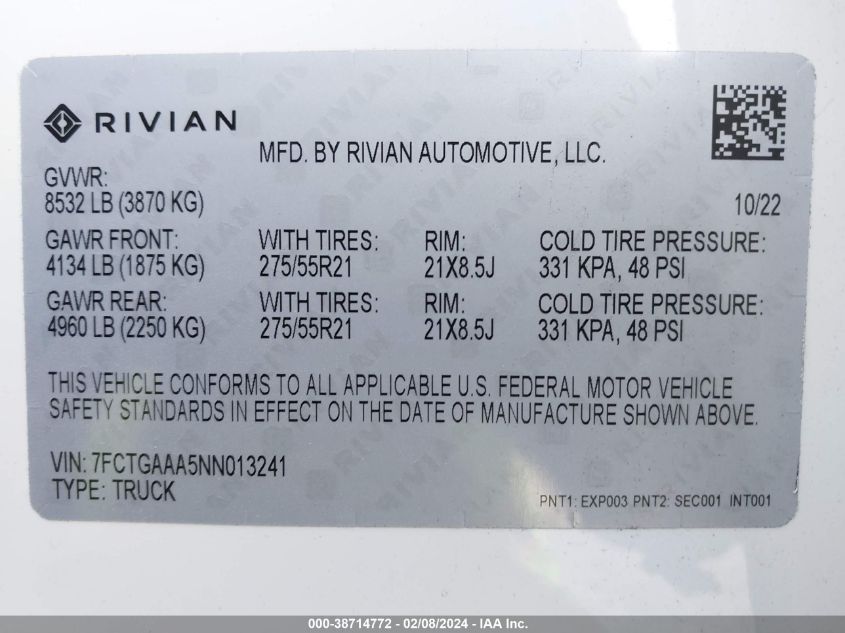 2022 Rivian R1T Adventure VIN: 7FCTGAAA5NN013241 Lot: 38714772