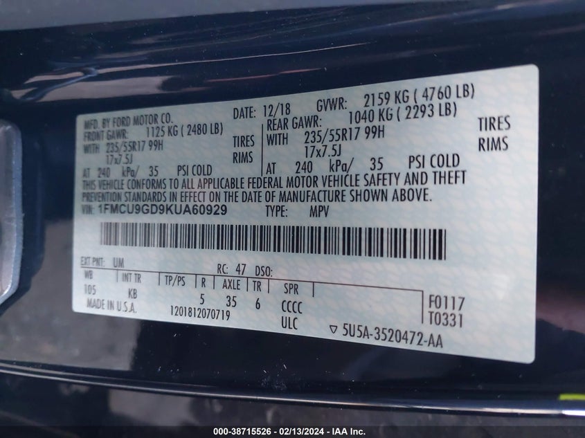 VIN 1FMCU9GD9KUA60929 2019 FORD ESCAPE SE