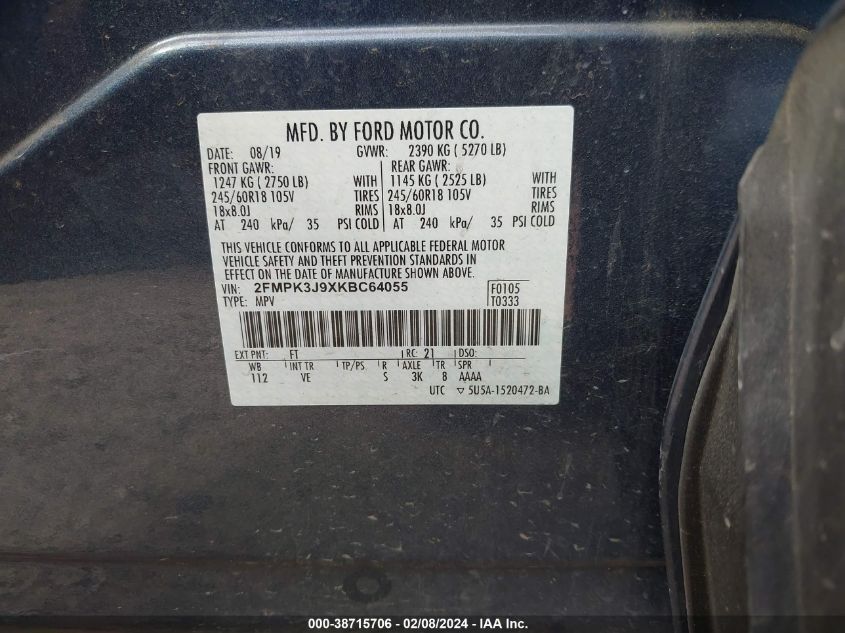 2FMPK3J9XKBC64055 2019 FORD EDGE, photo no. 9