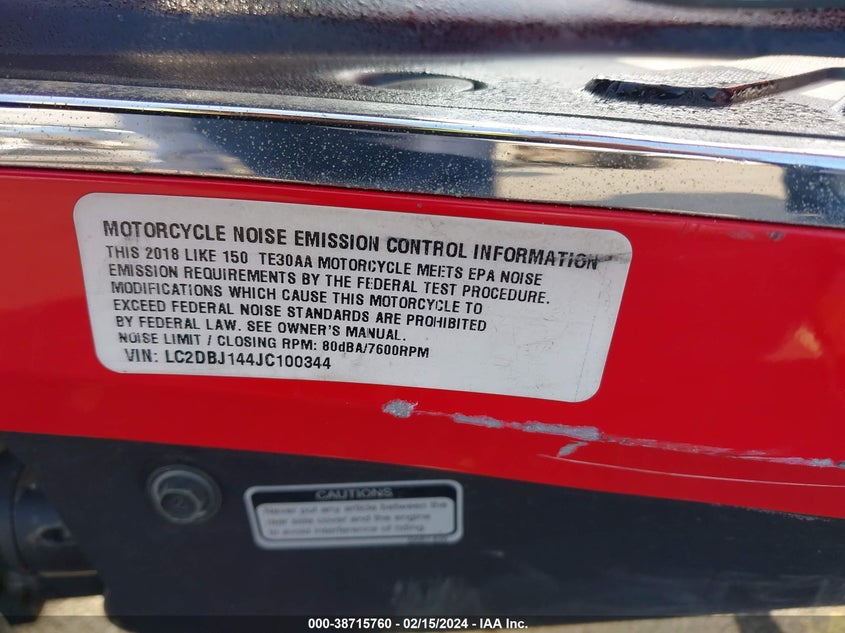 VIN LC2DBJ144JC100344 2018 KYMCO USA INC LIKE 150
