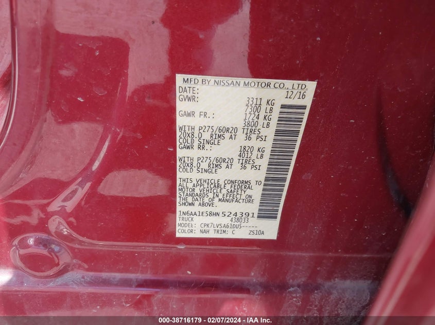 2017 NISSAN TITAN SL - 1N6AA1E58HN524391