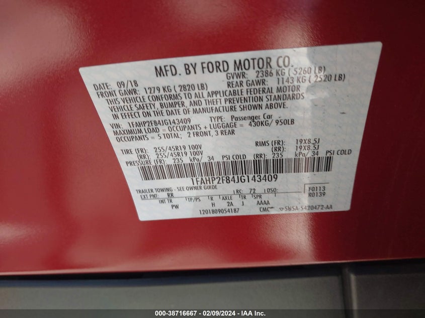 2018 FORD TAURUS LIMITED - 1FAHP2F84JG143409