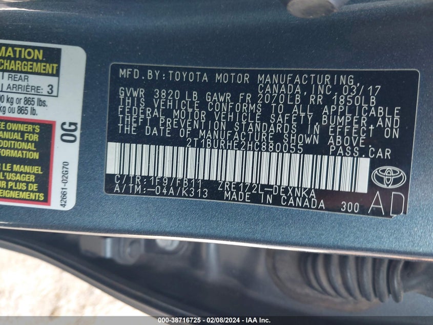 2017 TOYOTA COROLLA LE - 2T1BURHE2HC880055