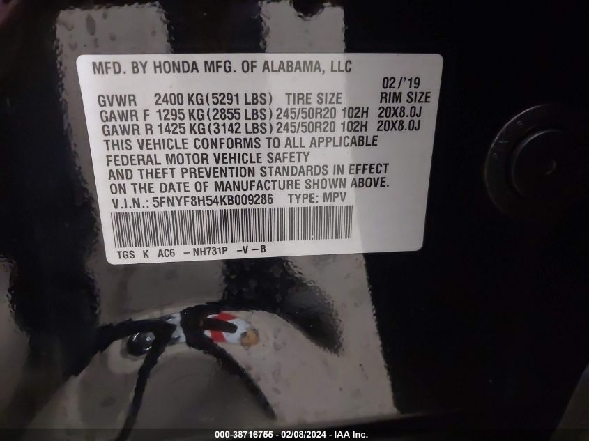 2019 Honda Passport Ex-L VIN: 5FNYF8H54KB009286 Lot: 43404202