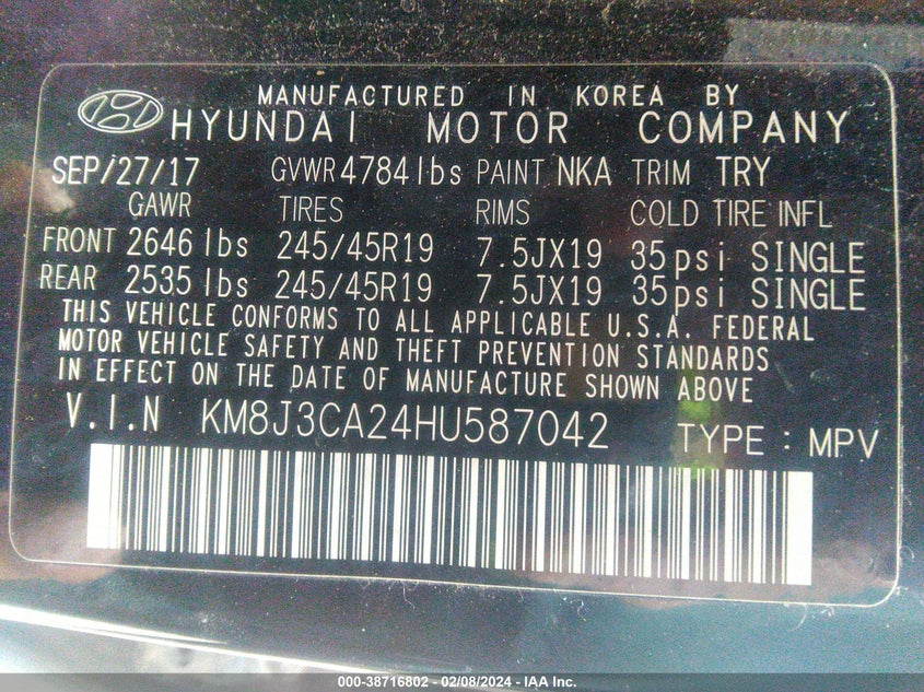 2017 HYUNDAI TUCSON SPORT - KM8J3CA24HU587042