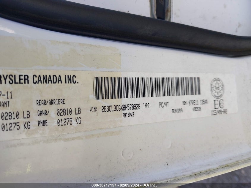 2011 DODGE CHARGER VIN: 2B3CL3CGXBH578928