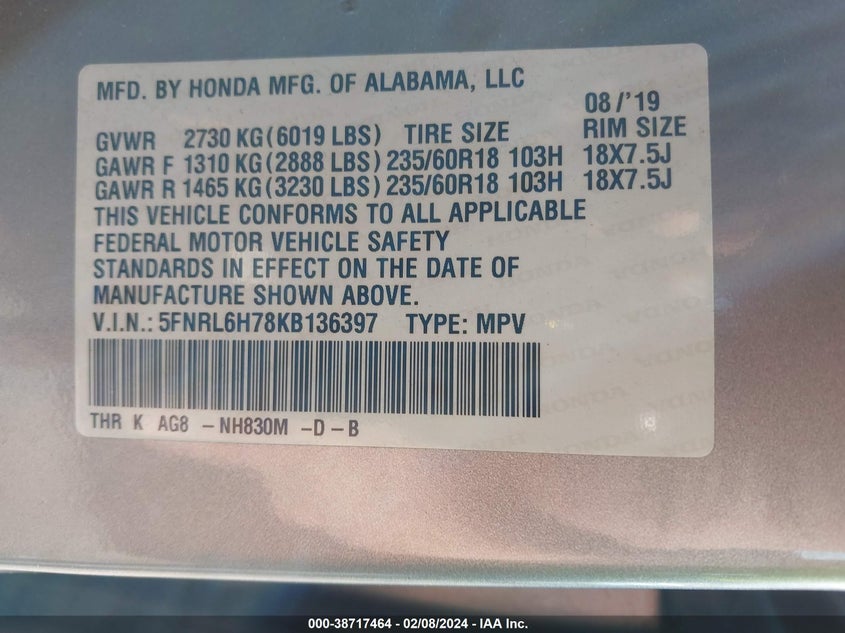 VIN 5FNRL6H78KB136397 2019 HONDA ODYSSEY EX-L