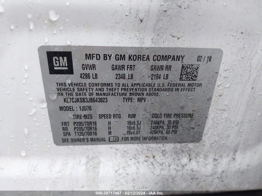 VIN KL7CJKSB3JB643823 2018 CHEVROLET TRAX LS