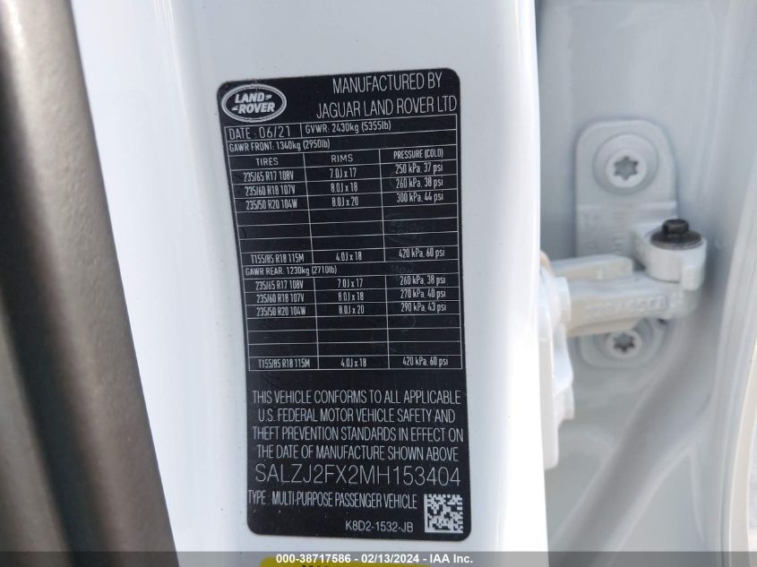 2021 Land Rover Range Rover Evoque S VIN: SALZJ2FX2MH153404 Lot: 38717586