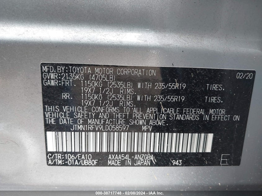 2020 TOYOTA RAV4 LIMITED - JTMN1RFV9LD058597