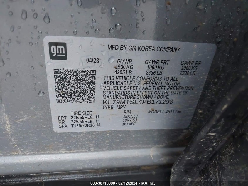 2023 CHEVROLET TRAILBLAZER 1.3L I-3 DI, DOHC, V(VIN: KL79MTSL4PB171298