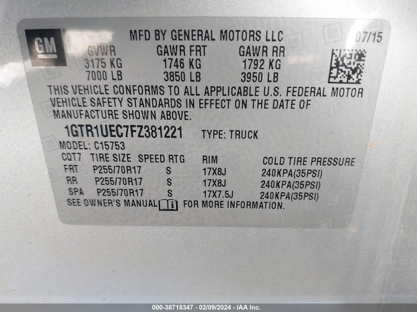 2015 GMC SIERRA 1500 C1500 SLE - 1GTR1UEC7FZ381221