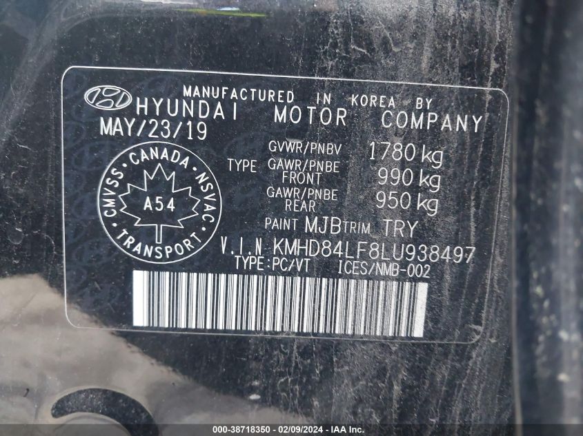 VIN KMHD84LF8LU938497 2020 HYUNDAI ELANTRA no.9