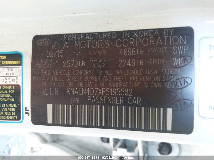 2015 KIA CADENZA LIMITED KNALN4D7XF5195532