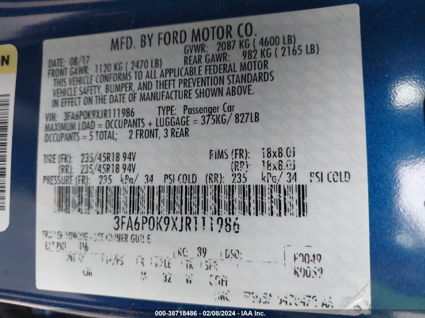 2018 FORD FUSION TITANIUM - 3FA6P0K9XJR111986