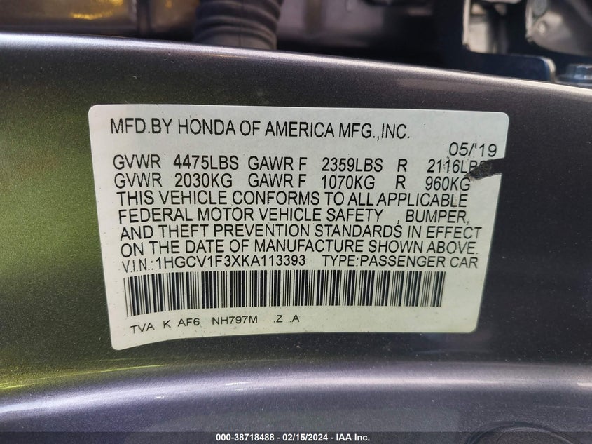VIN 1HGCV1F3XKA113393 2019 HONDA ACCORD SPORT
