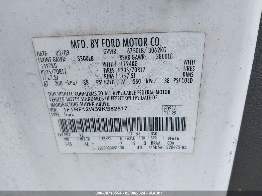 1FTRF12W39KB82517 2009 Ford F-150 Xl