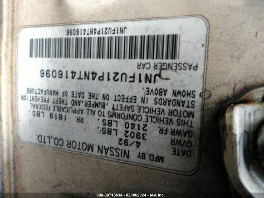 Hide VIN History Auto JN1FU21P4NT416096 - NISSAN STANZA 1992