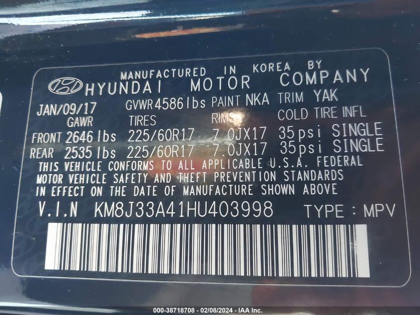 2017 Hyundai Tucson Se Plus VIN: KM8J33A41HU403998 Lot: 38718708