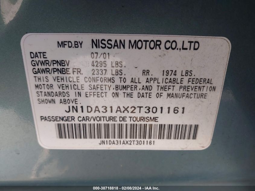 2002 Nissan Maxima Gle VIN: JN1DA31AX2T301161 Lot: 38718818