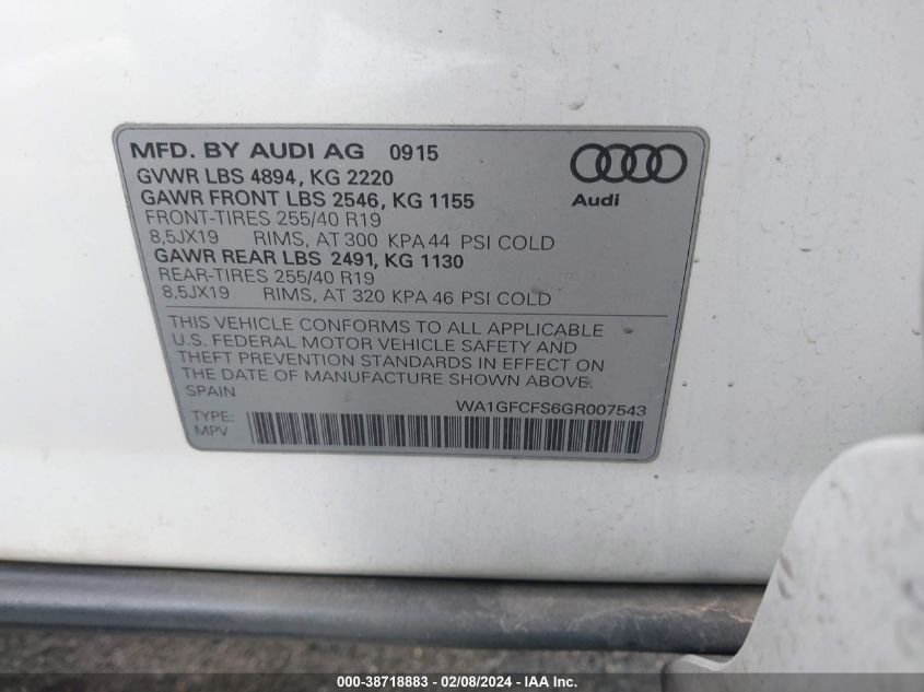 2016 AUDI Q3 2.0T PREMIUM PLUS - WA1GFCFS6GR007543