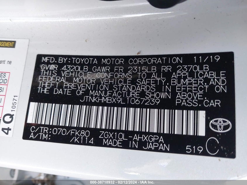 VIN JTNKHMBX9L1067239 2020 TOYOTA C-HR XLE
