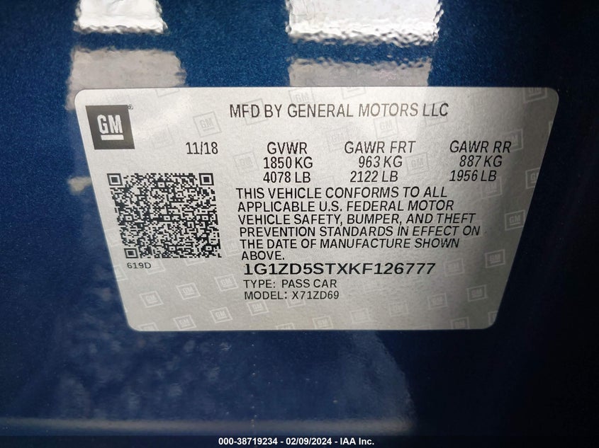 2019 CHEVROLET MALIBU LT - 1G1ZD5STXKF126777