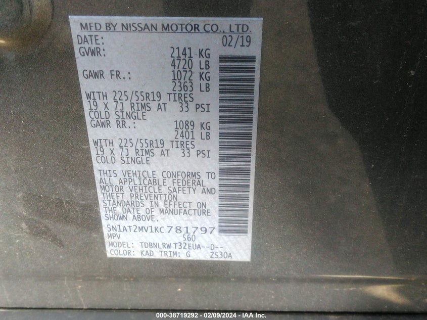 VIN 5N1AT2MV1KC781797 2019 NISSAN ROGUE SL