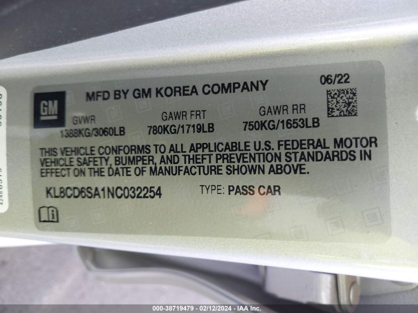 2022 Chevrolet Spark Fwd 1Lt Automatic VIN: KL8CD6SA1NC032254 Lot: 38719479