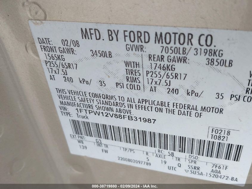 1FTPW12V88FB31987 2008 Ford F-150 Xlt