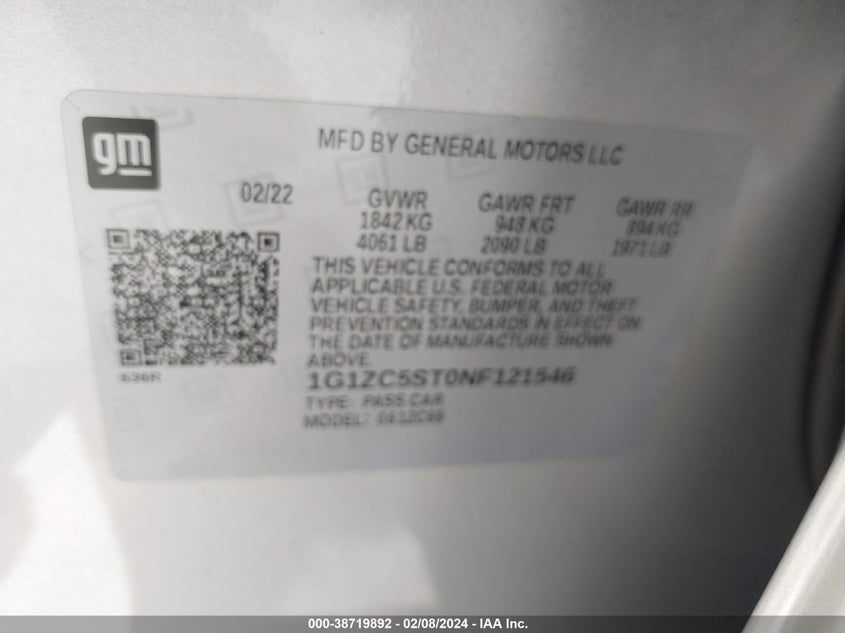 VIN 1G1ZC5ST0NF121546 2022 CHEVROLET MALIBU FWD 1FL