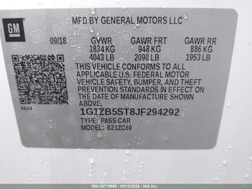 VIN 1G1ZB5ST8JF294292 2018 CHEVROLET MALIBU 1LS