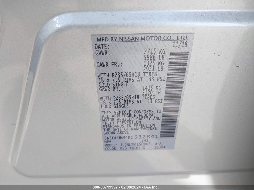 VIN 5N1DL0MM4KC532841 2019 INFINITI QX60 LUXE