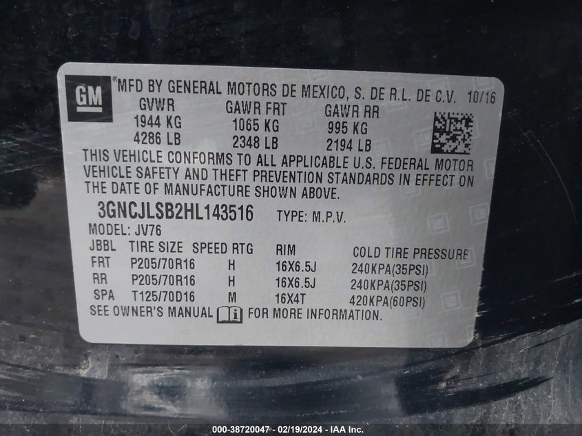 VIN 3GNCJLSB2HL143516 2017 CHEVROLET TRAX LT