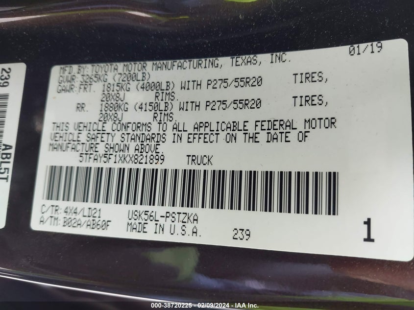 2019 TOYOTA TUNDRA 1794 5.7L V8 - 5TFAY5F1XKX821899