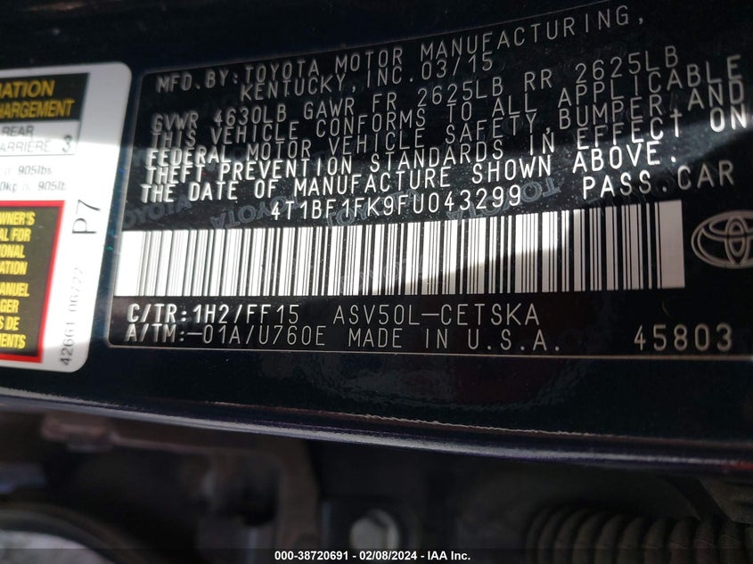 2015 TOYOTA CAMRY LE/XLE/SE/XSE - 4T1BF1FK9FU043299