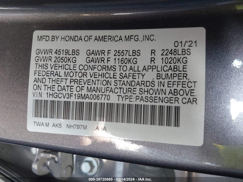 2021 HONDA ACCORD VIN: 1HGCV3F19MA006770