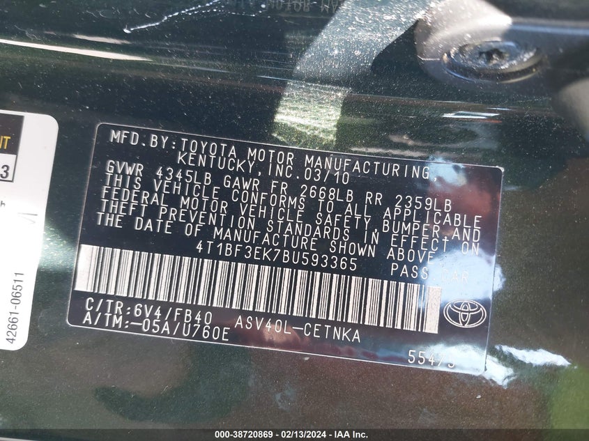2011 TOYOTA CAMRY VIN: 4T1BF3EK7BU593365