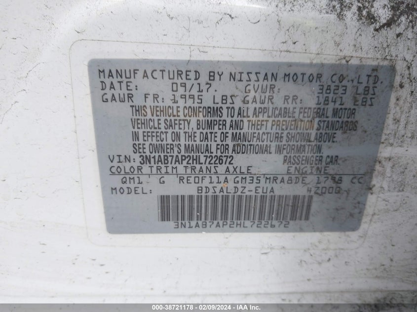 VIN 3N1AB7AP2HL722672 2017 NISSAN SENTRA S/SV/SR/SL